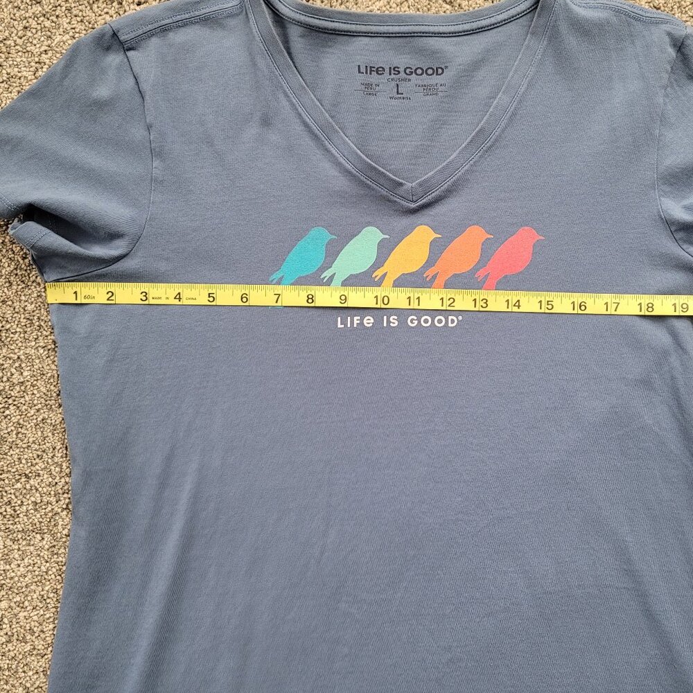Ladies Life is Good Blue V-Neck T-shirt  with Birds Large - Picture 6 of 10